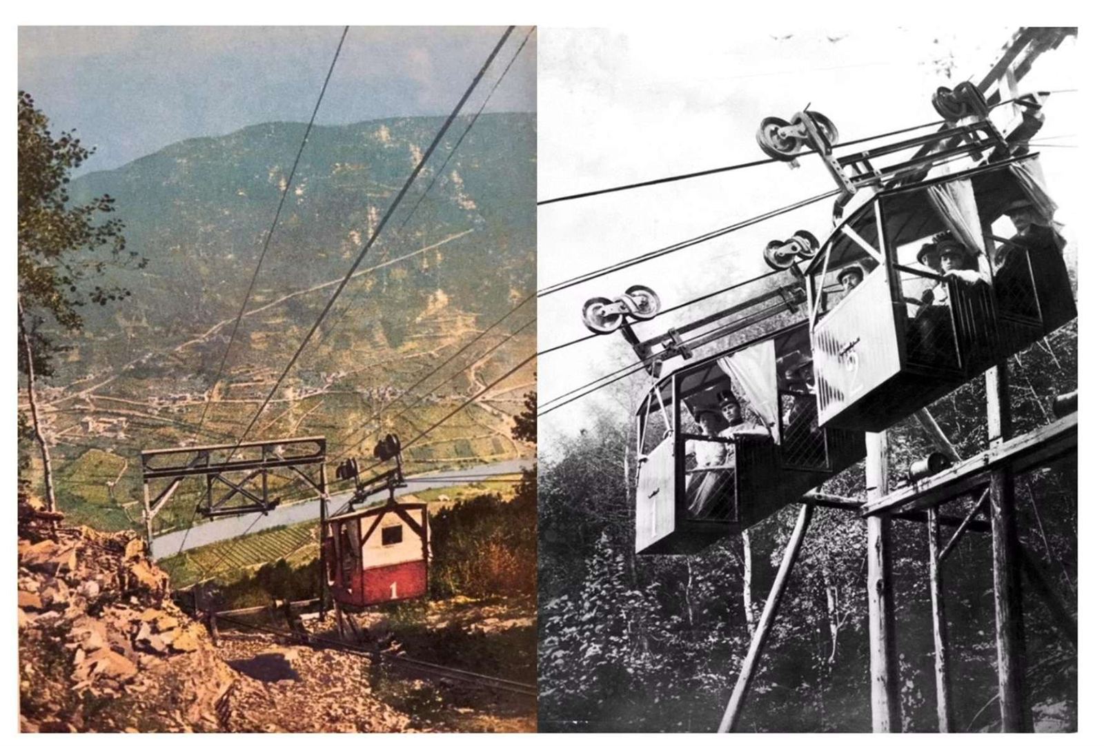 Kohlern hattının 1908 dönemine ait iki tarihî karesi: vadi üzerinde kabin ve yolcularla dolu erken kabinler