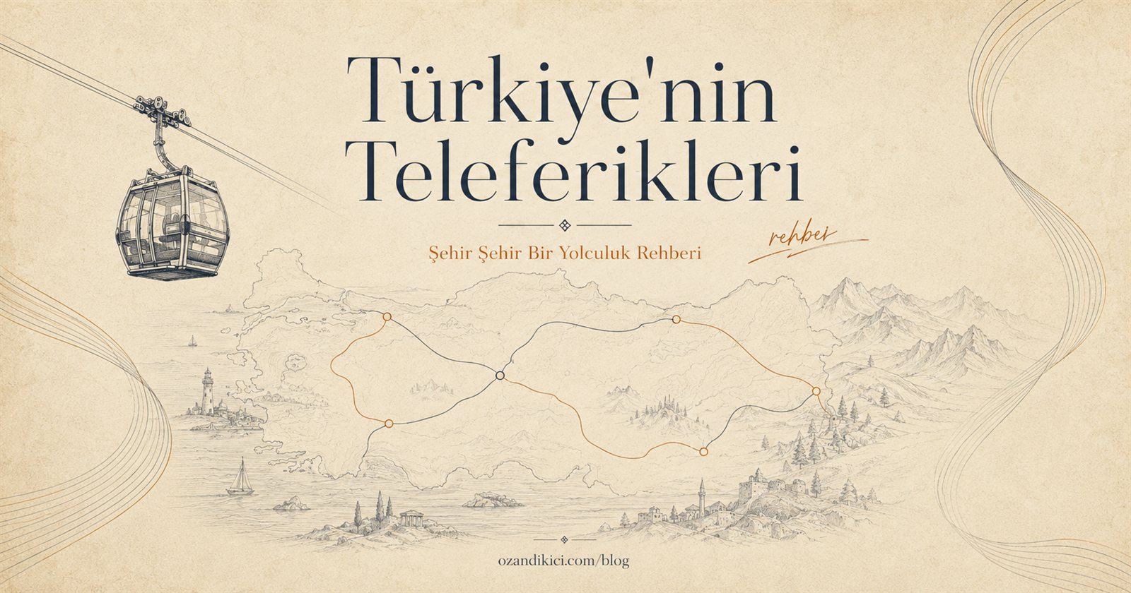 Türkiye'nin Teleferikleri — şehir şehir yolculuk rehberinin gravür üslubunda çizilmiş kapağı: Türkiye haritası üzerinde hat rotaları ve gondol