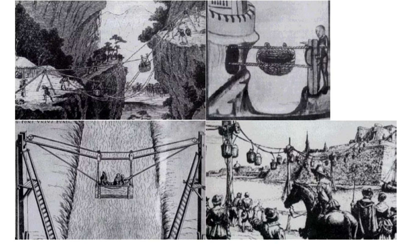 Halatla taşımanın erken örneklerini gösteren dört tarihî gravür: uçurum geçişleri, sepetli hatlar ve kale ikmal düzenekleri
