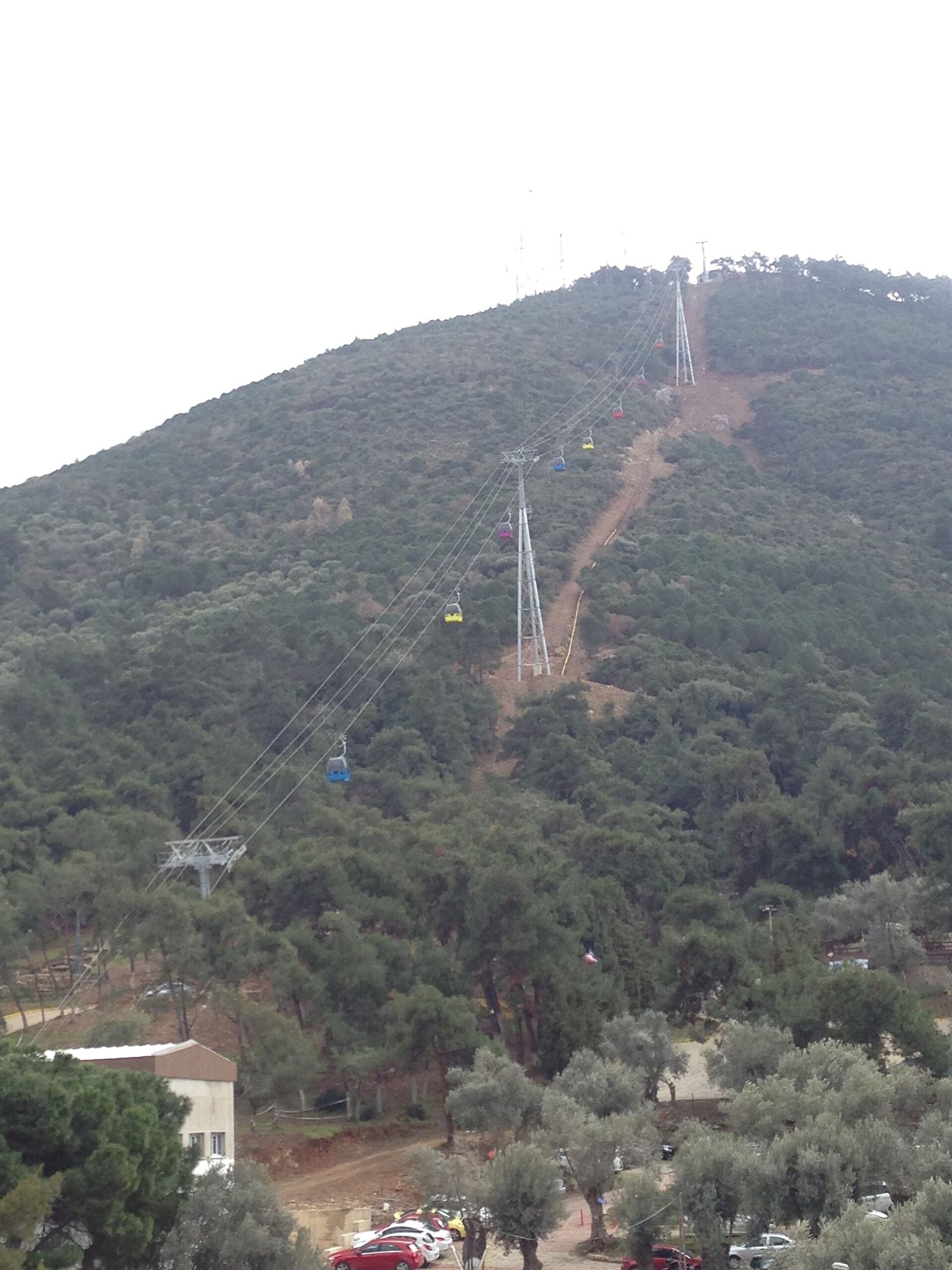 Balçova teleferiğinin renkli kabinleri ormanlık yamaç boyunca sıralanmış