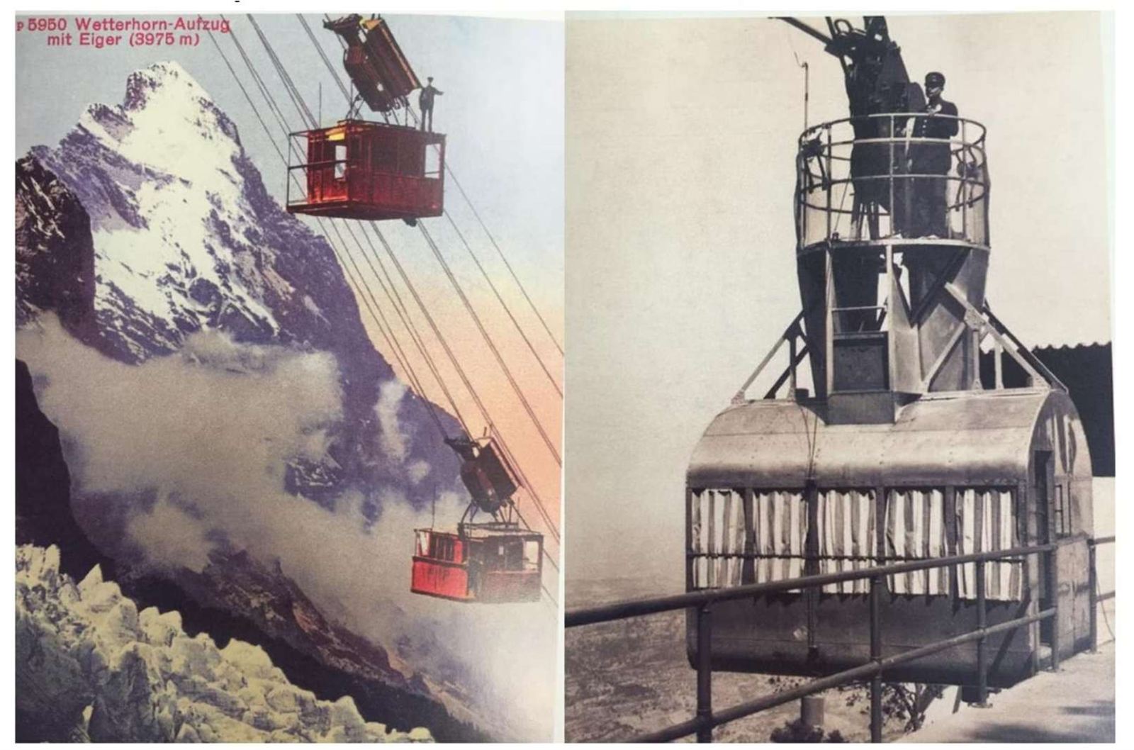 Period postcard of the Wetterhorn Aufzug and a black and white photograph of the cabin at the station